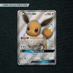 Person examining a Pokémon card at a desk with a catalog and card stacks
